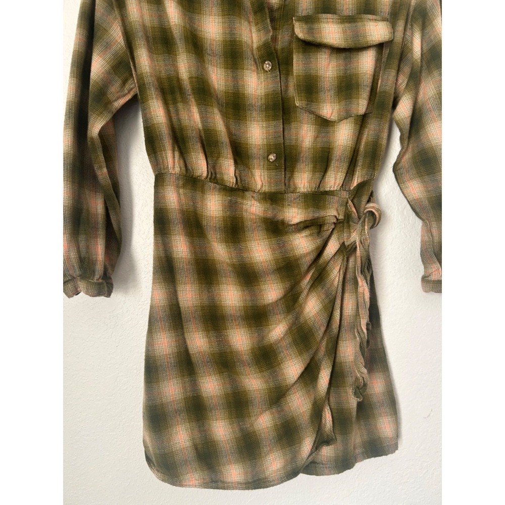 Zara Plaid Shirt Dress Size 13 Green Pink Ecru Tie Waist Detail Button Front - Picture 4 of 13